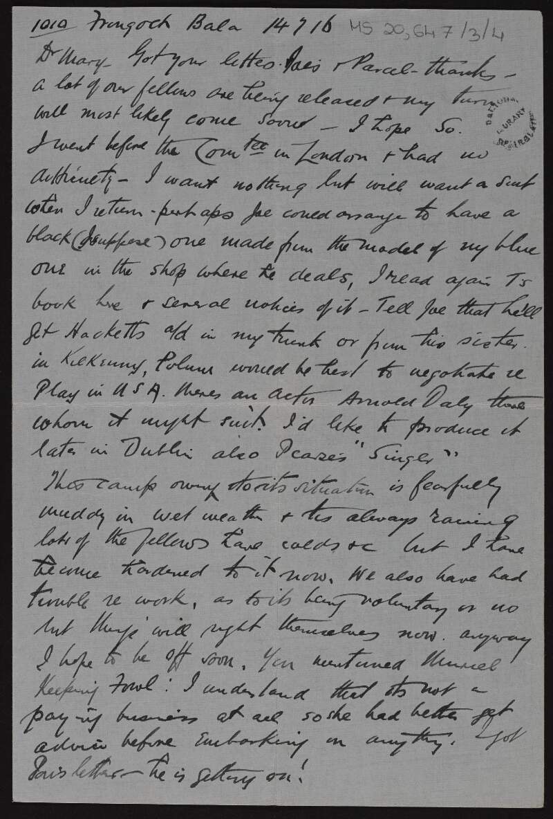Letter from John MacDonagh from Frongoch prison to his sister Mary MacDonagh, Sister Francesca, regarding his release,