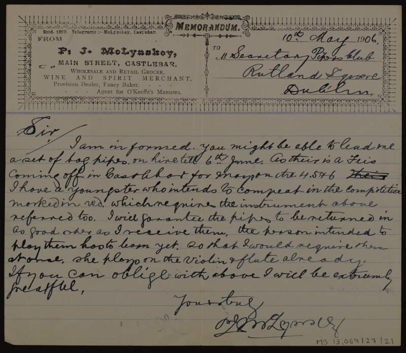 Letter from P.J. McLynnskey to Éamonn Ceannt requesting a loan of pipes for a student,