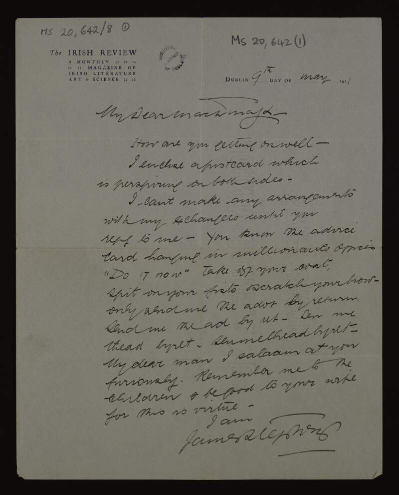 Letter from James Stephens to Thomas MacDonagh sending regards,