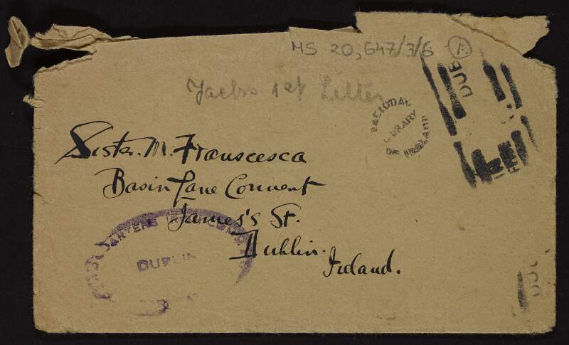 Letter  from John MacDonagh in Knutsford Prison, Wales, to his sister Mary MacDonagh, Sister Francesca regarding Thomas MacDonagh's personal affairs,