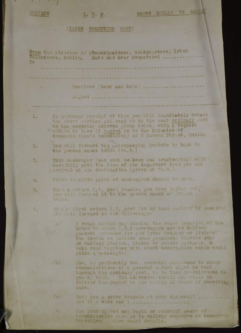 Photostat of letter from Éamonn Ceannt as Director of Communications of the Irish Volunteers outlining secure channels of communication within the Irish Volunteer postage service and requesting maps, names, addresses and details for messengers,