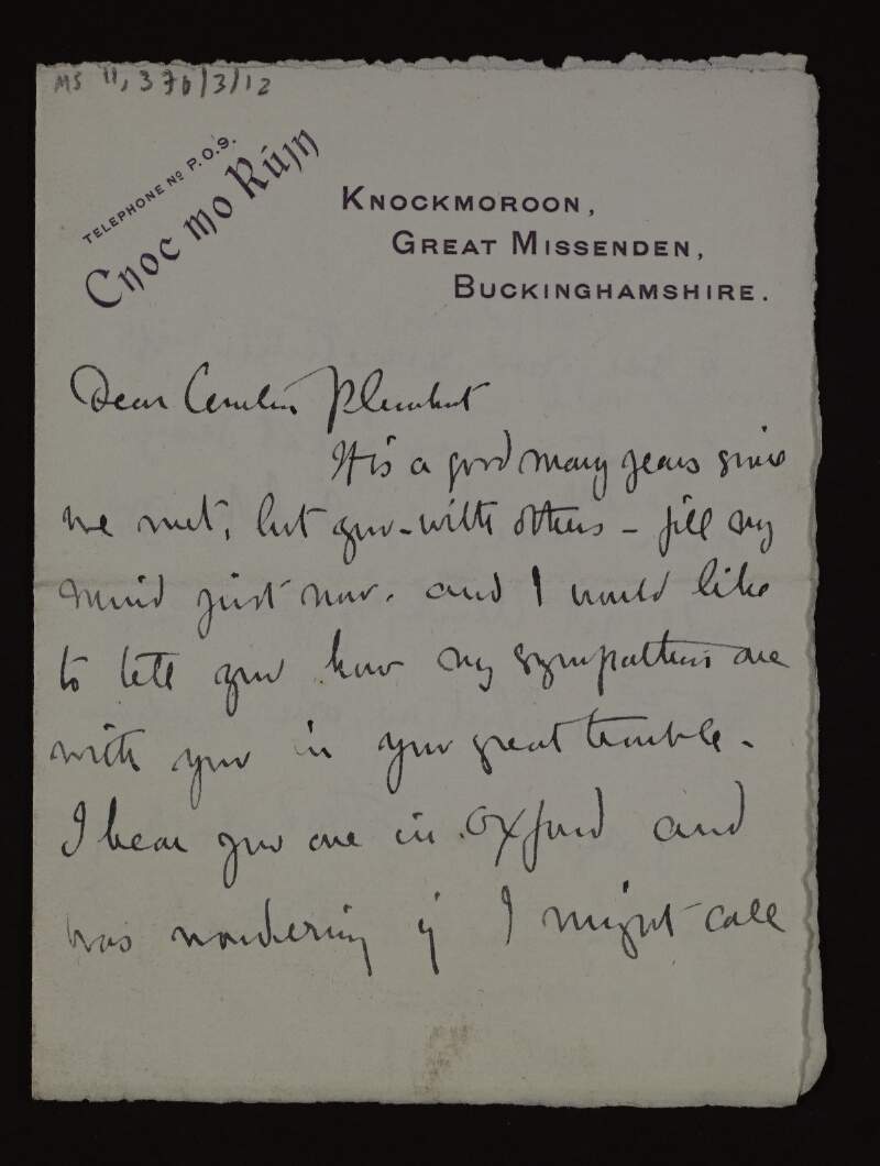 Letter from Dora Sigerson Shorter to Mary Josephine Plunkett, Countess Plunkett, asking if she would like to meet up in Oxford,