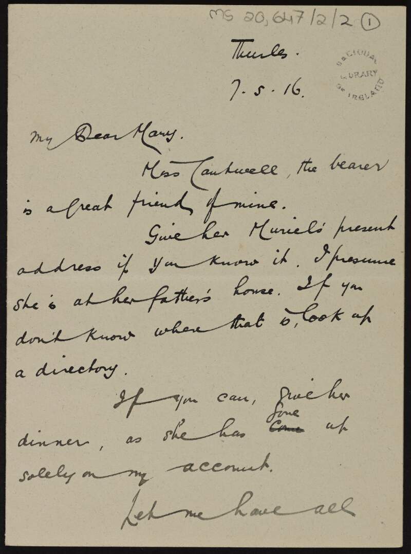 Letter from Joseph MacDonagh to Mary MacDonagh, Sister Francesca, regarding Miss Cartwell's visit to her,
