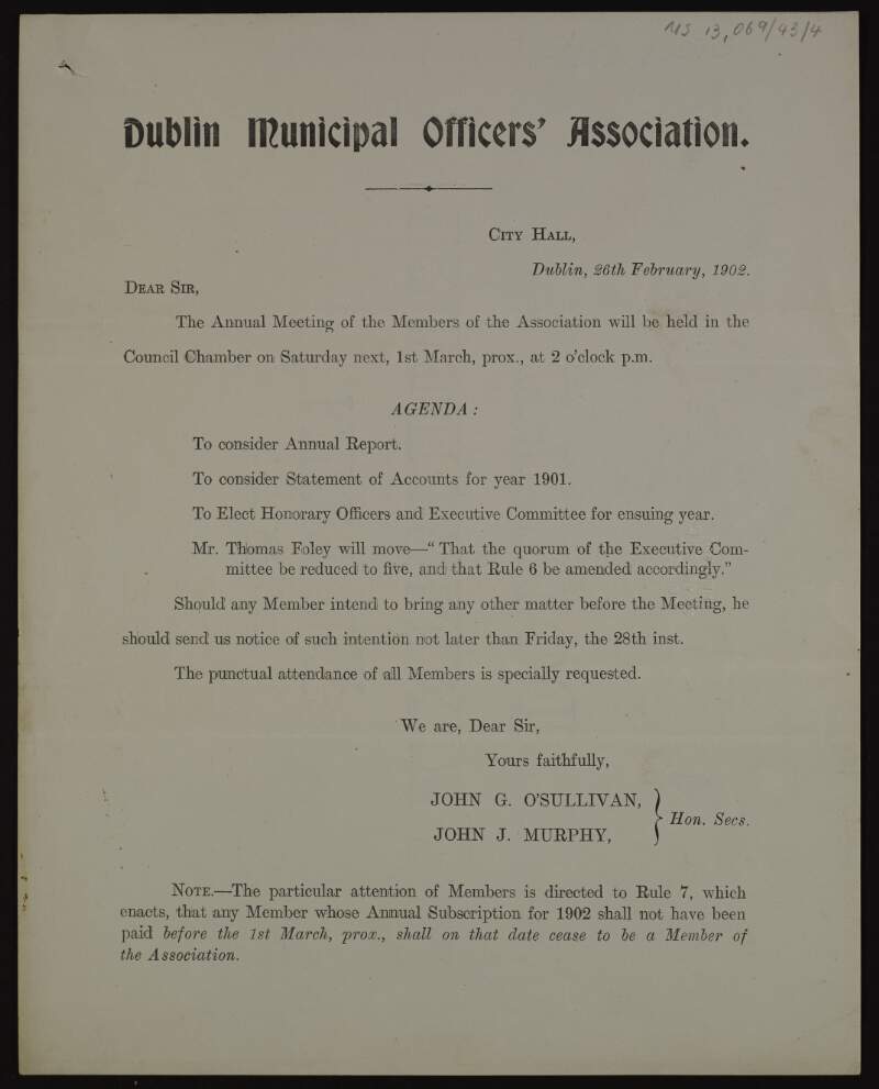 Letter of invitation to the annual meeting of the Dublin Municipal Officers' Association,