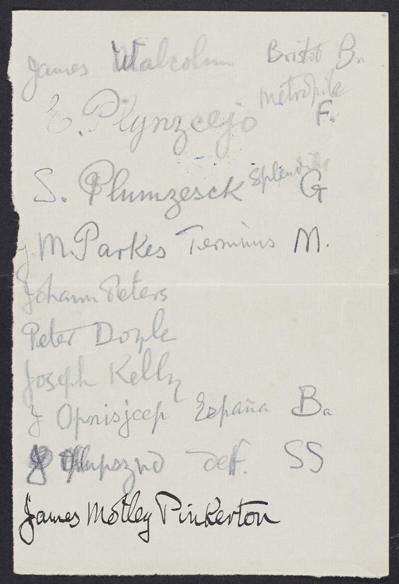Note listing ten names under which Joseph Mary Plunkett used during his trip to Germany in 1915,