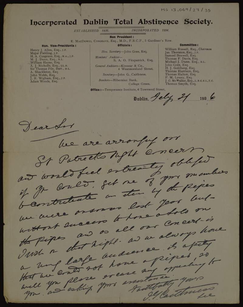 Letter from John G. Caithness, secretary of the Dublin Total Abstinence Society, to Éamonn Ceannt requesting a piper for a St. Patrick's Day performance,