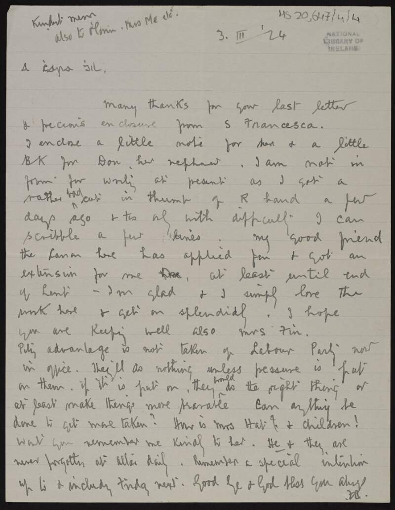 Letter from Father Augustine to unknown recipient, thanking them for their last letter and enclosure sent via Mary MacDonagh, Sister Francesca,
