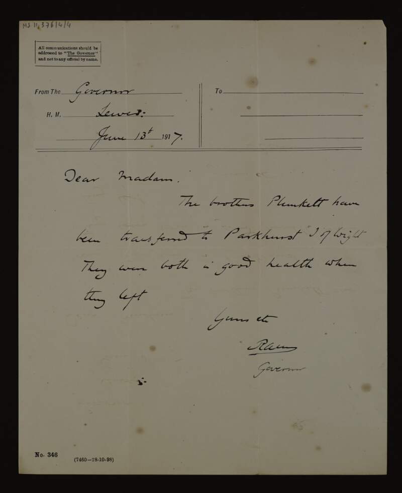 Letter from R. Allen, Governor of Lewes Prison, to Mary Josephine Plunkett, Countess Plunkett, informing her that her sons George Oliver Plunkett and John Plunkett have been transferred to Parkhurst Prison, and that both were in good health when they left,