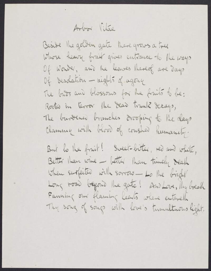 Draft of poem 'Arbor Vitae', by Joseph Mary Plunkett,