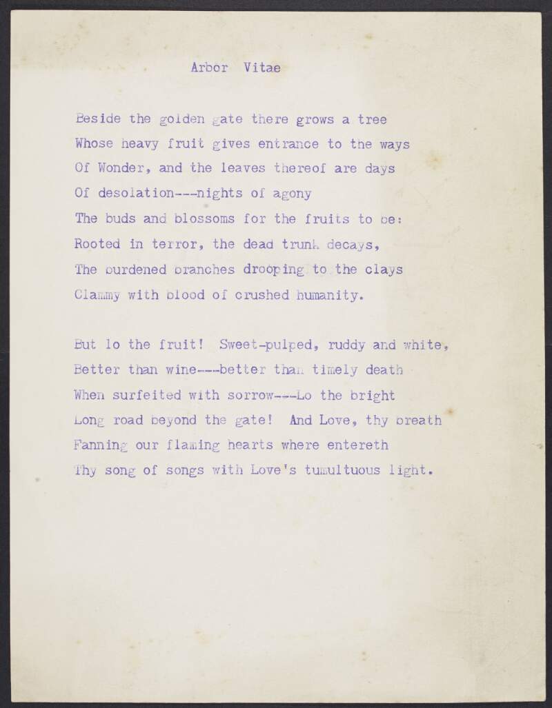 Draft of poem 'Arbor Vitae', by Joseph Mary Plunkett,