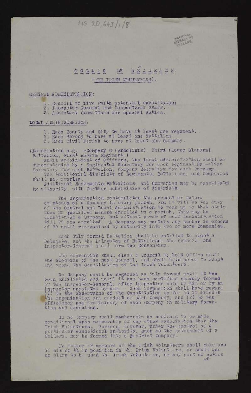 Document relating to the central administration and local administration of the Irish Volunteers and gives details of the First Convention held on Whitsuntide,