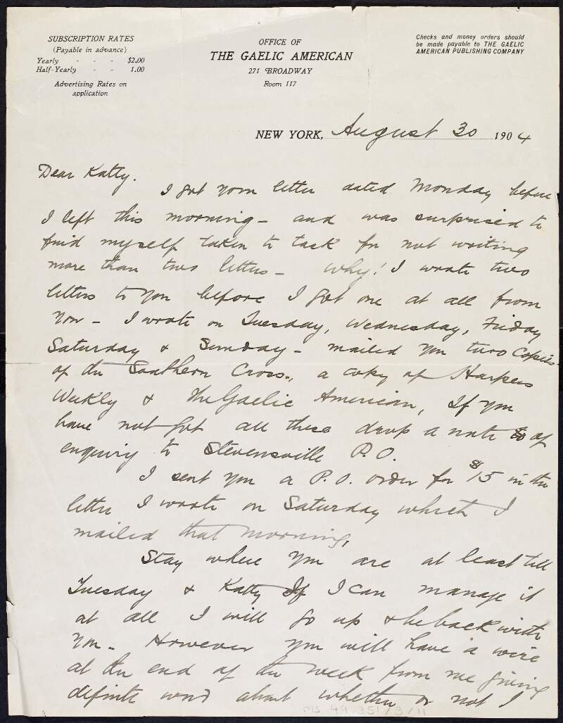 Letter from Tom Clarke to Kathleen Clarke regarding her plans to return home,