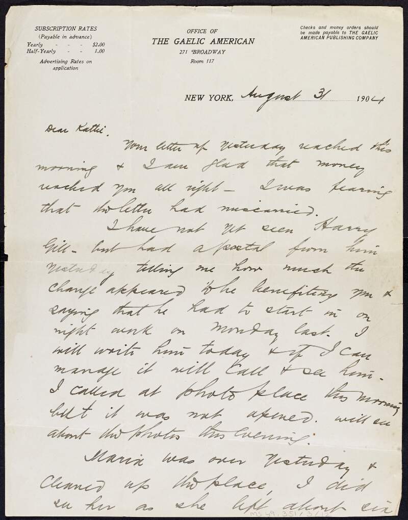 Letter from Tom Clarke to Kathleen Clarke regarding her stay in Stevensville,