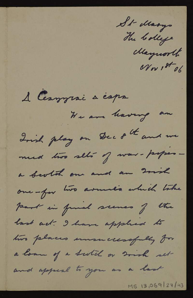 Letter from S. Mac Crosain to Éamonn Ceannt requesting a loan of pipes,