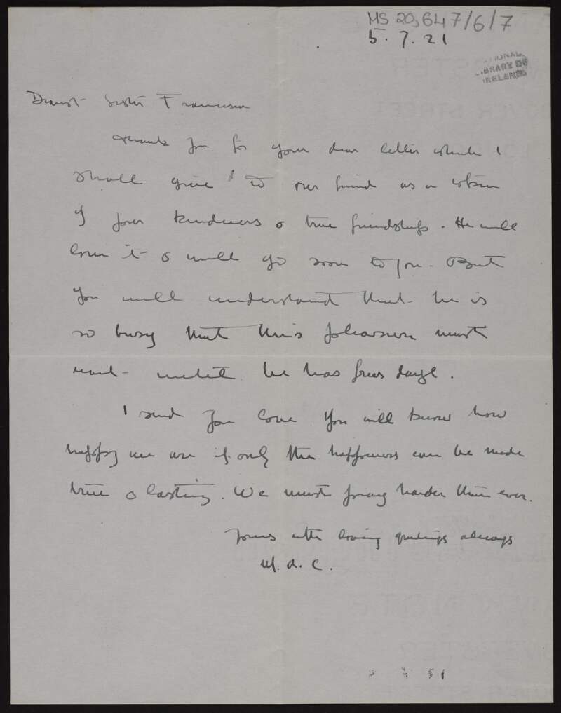Letter from Mary Childers to Mary MacDonagh, Sister Francesca, thanking her for the last letter,
