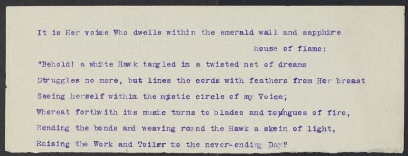 Draft of untitled poem by Joseph Mary Plunkett with the first line being "It is her voice who dwells within the emerald wall and sapphire house of flame",