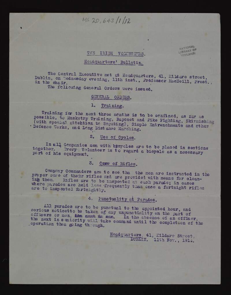 Document by Michael J. Judge entitled "Headquarter's Bulletin" of the Irish Volunteers giving details of the general orders that were issued at the recent meeting at Headquarters,