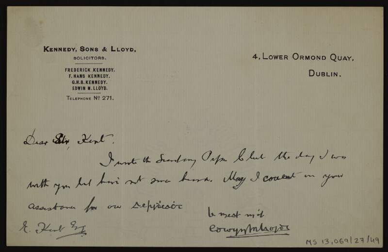 Letter from Edwin M. Lloyd to Éamonn Ceannt seeking assistance regarding an excursion,
