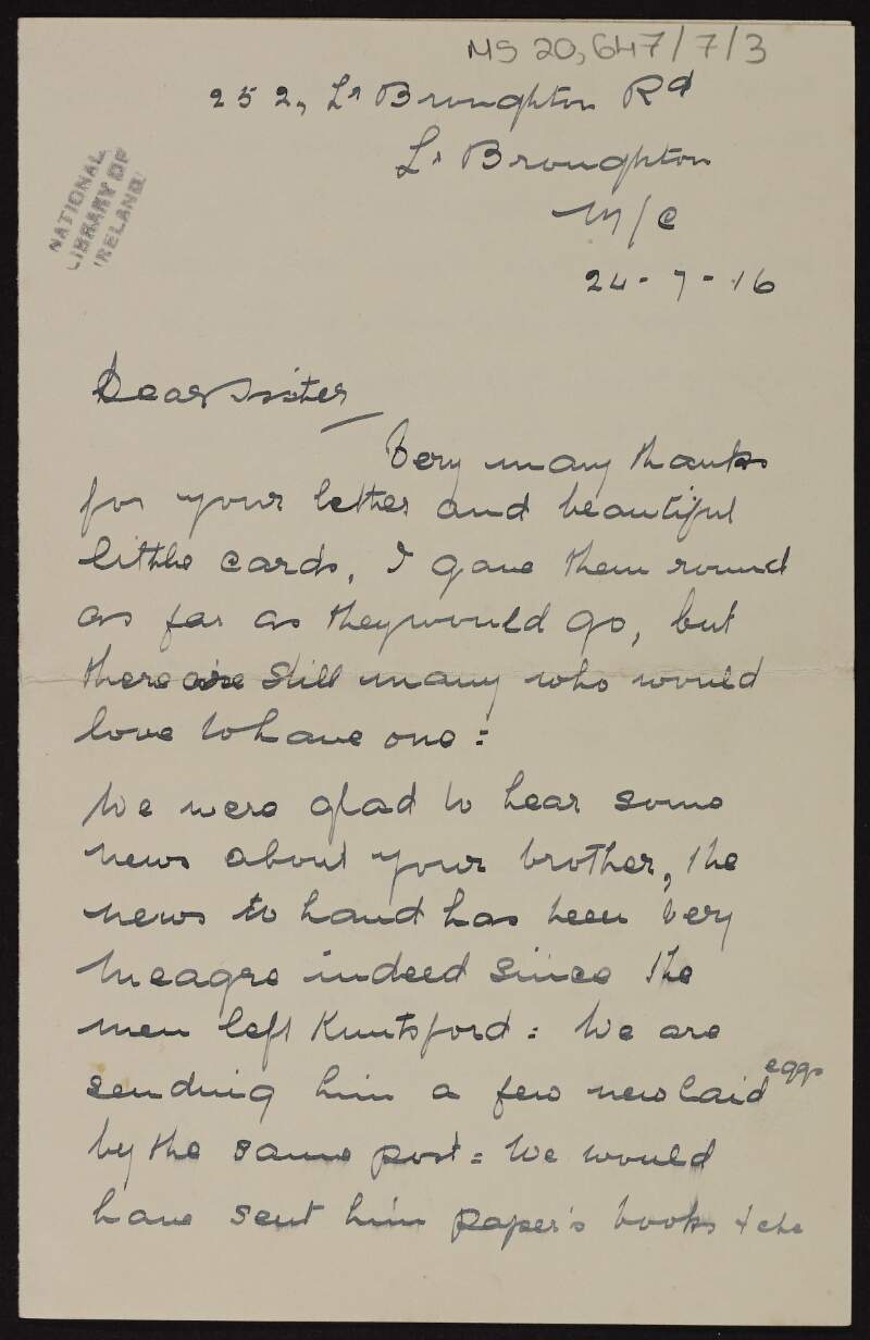 Letter from Helen Mallon to Mary MacDonagh, Sister Francesca, regarding John MacDonagh's imprisonment,