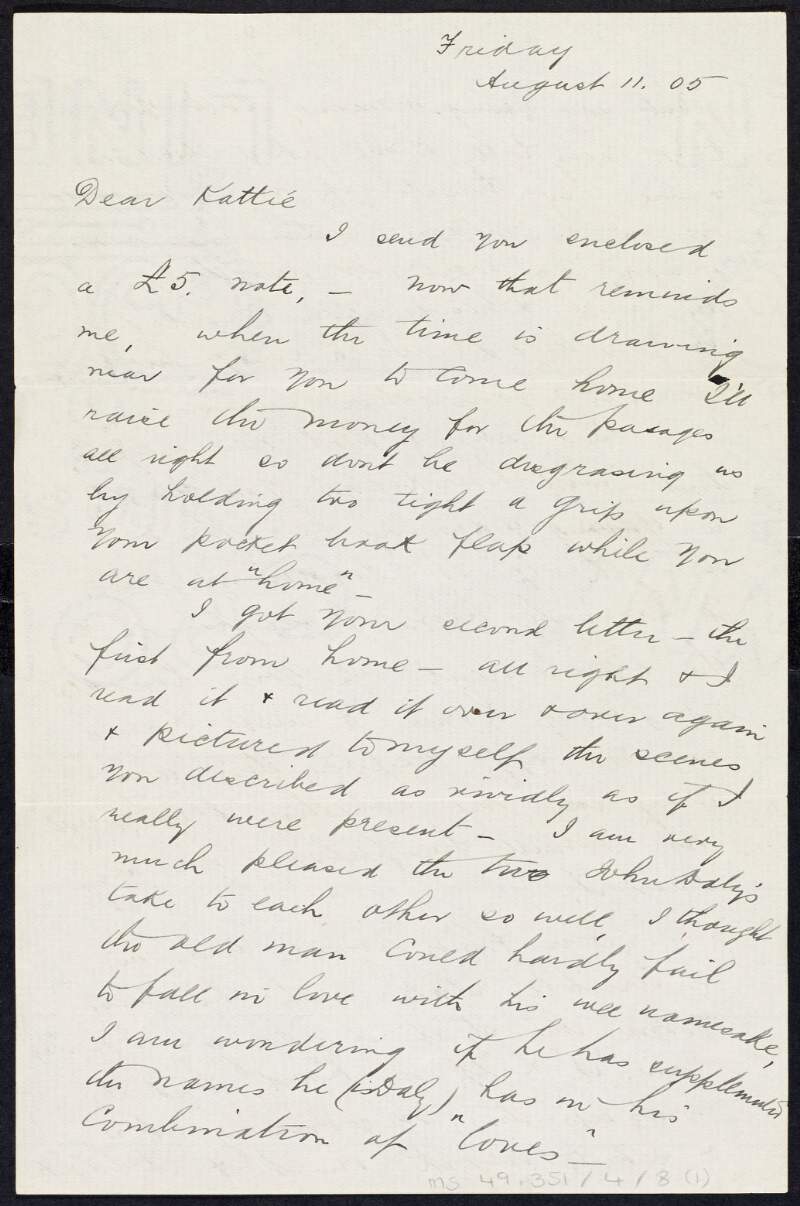 Letter from Tom Clarke to Kathleen Clarke regarding her health and his domestic arrangements,