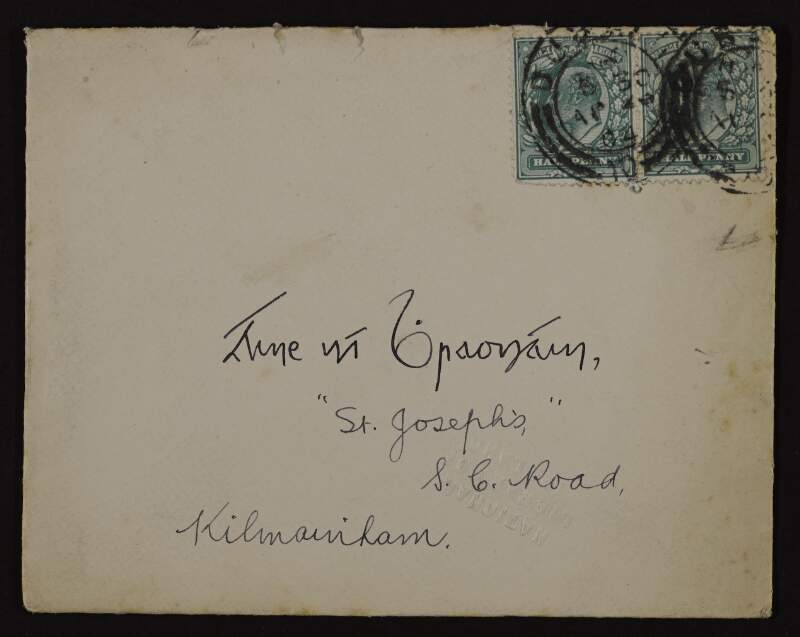 Postcard from Éamonn Ceannt to Áine Ceannt with reference to Cumann [na bPíobairí?] and a céili,