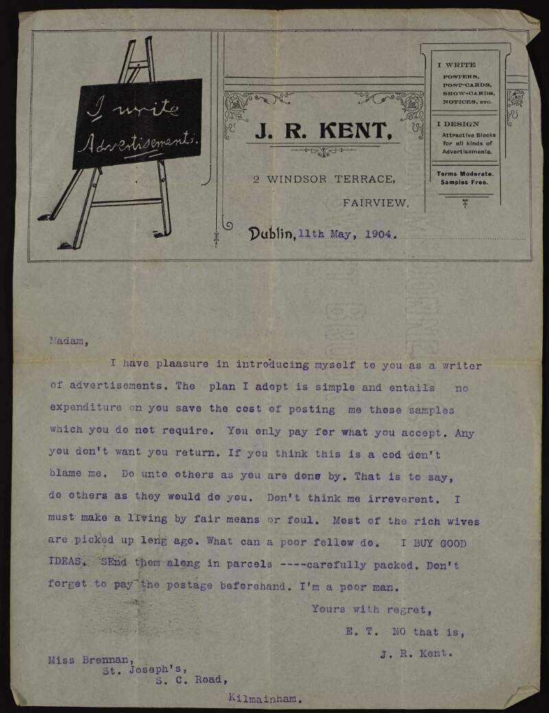 Letter from Éamonn Ceannt to Áine Ceannt joking about writing advertisements, buying ideas and earning money,