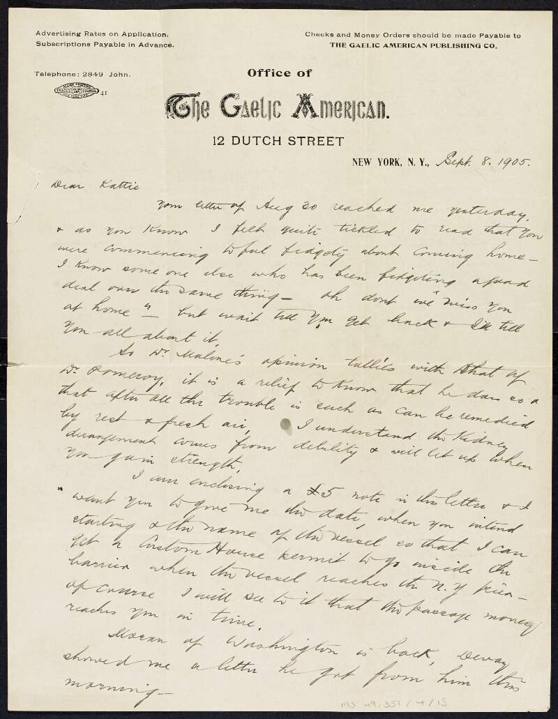 Letter from Tom Clarke to Kathleen Clarke regarding her journey home and James Reidy's baby,