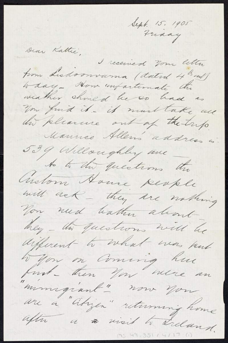 Letter from Tom Clarke to Kathleen Clarke regarding her return to America and the Irish Exhibition,