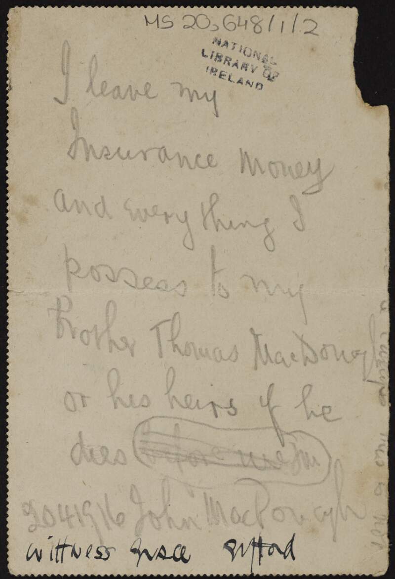 Handwritten will of John MacDonagh,
