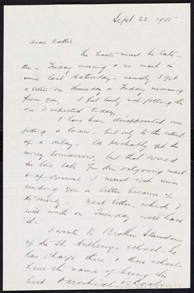 Letter from Tom Clarke to Kathleen Clarke regarding the education of her brother Ned,