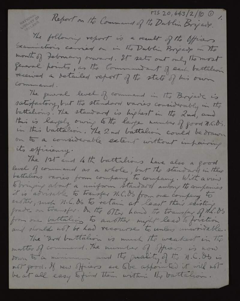 Draft of "Report on the Command of the Dublin Brigade" which was a result of examinations carried out in the Dublin Brigade,