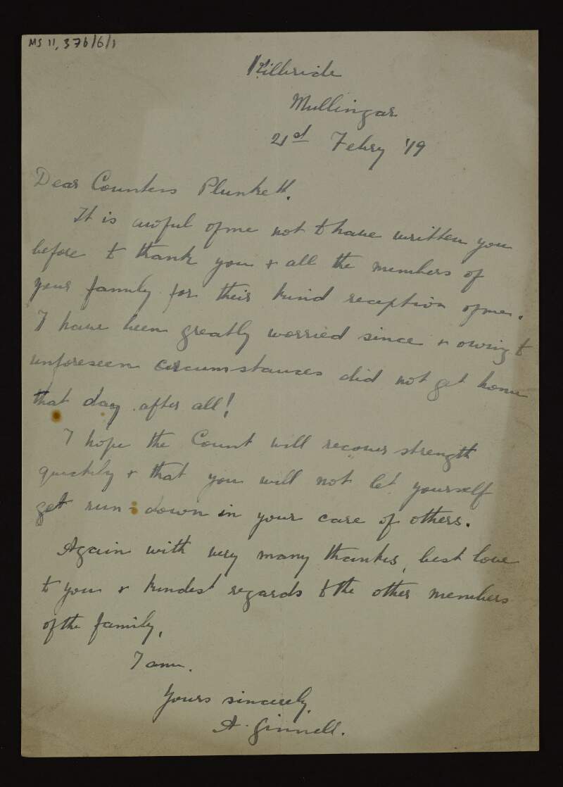 Letter from Alice Ginnell to Mary Josephine Plunkett, Countess Plunkett, thanking her and her family for a reception,
