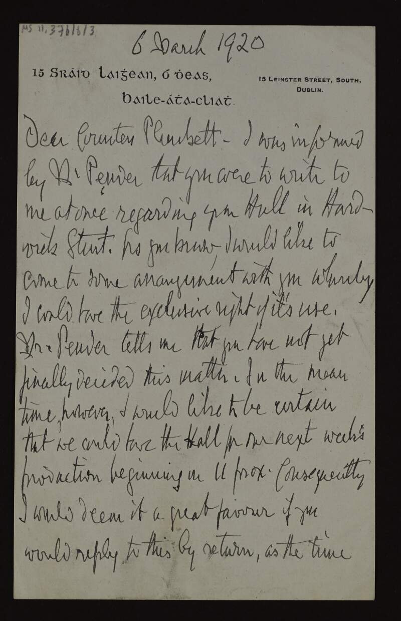 Letter from Edward Martyn to Mary Josephine Plunkett, Countess Plunkett, asking for permission for use of a hall on Hardwicke Street,