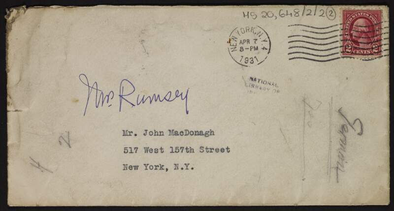 Copy of letter from Mary H. Ramsay to a Mr. Mason regarding a job for John MacDonagh at a newspaper in New York City,