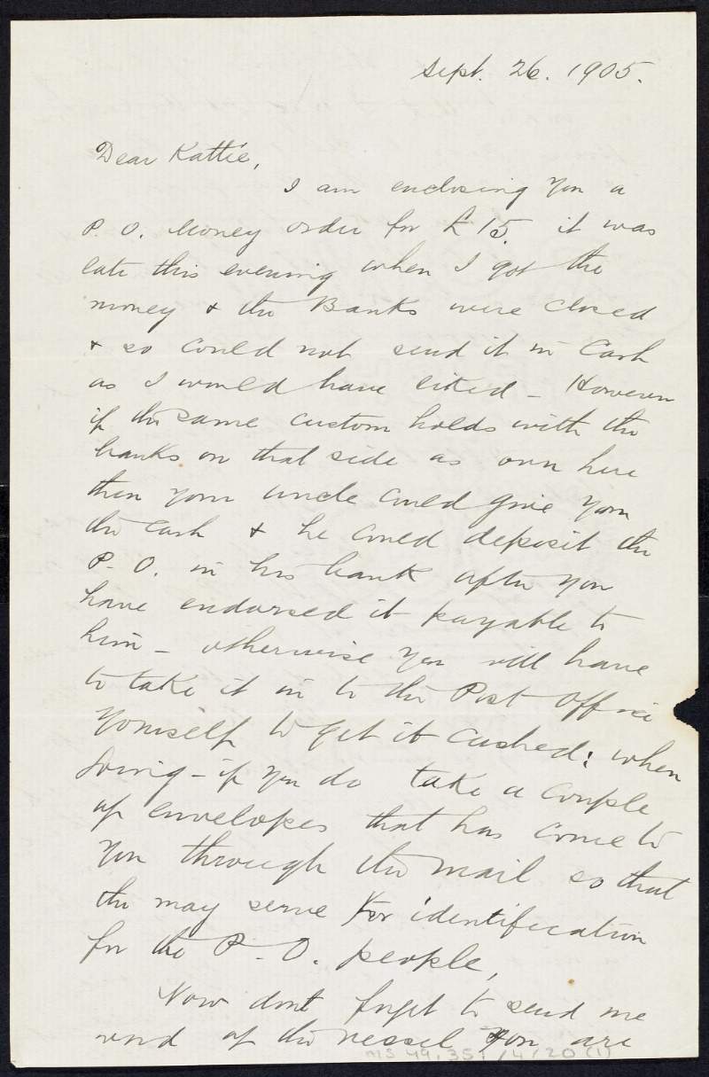 Letter from Tom Clarke to Kathleen Clarke enclosing a postal order to pay for her return journey to America,