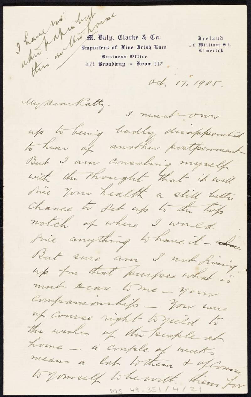 Letter from Tom Clarke to Kathleen Clarke regarding her passage home,