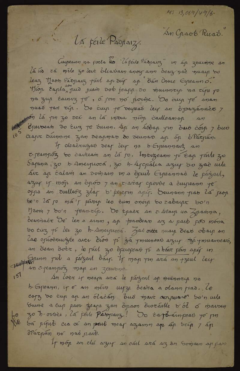 Draft literary work by Éamonn Ceannt entitled "Lá Féile Pádraig",