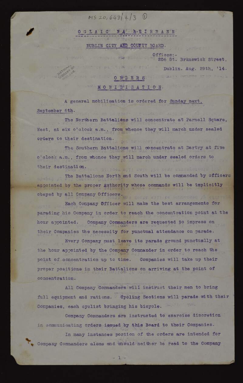 Mobilisation order stating that a general mobilisation is ordered for Sept. 6 1914 and gives instructions for Northern and Southern Battalions ,