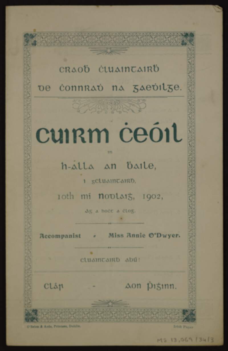 Programme for Gaelic League Clontarf branch concert,