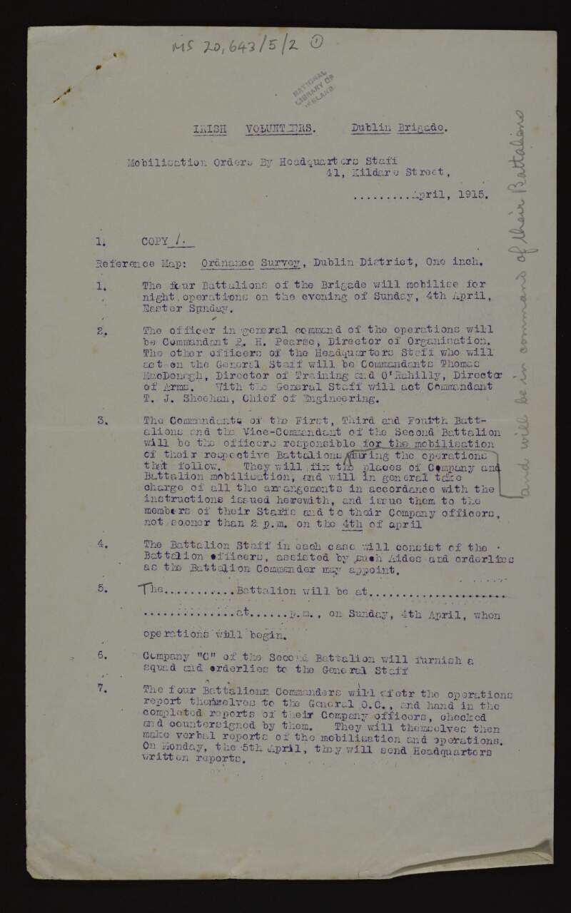 Mobilisation order by headquarters staff for Dublin Brigade of Irish Volunteers and advises that the four battalions of the brigade will "mobilise for night operations on the evening of Easter Sunday" 1915,