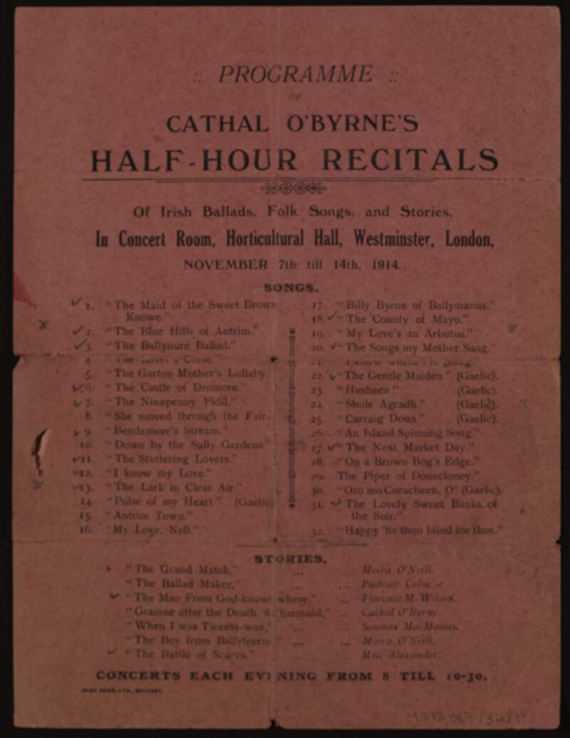 Programme of Cathal O'Byrne's half-hour recitals,