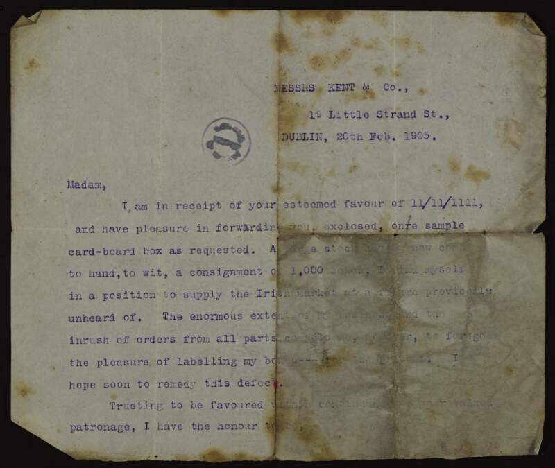 Letter from Éamonn Ceannt to Áine Ceannt about cardboard boxes,
