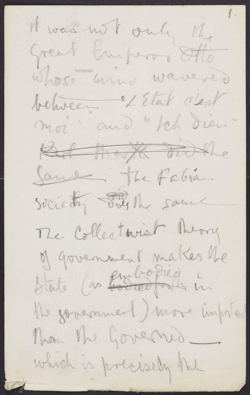 Draft political essay by Joseph Mary Plunkett concerning democratic and other theories of government with mention of Karl Marx,