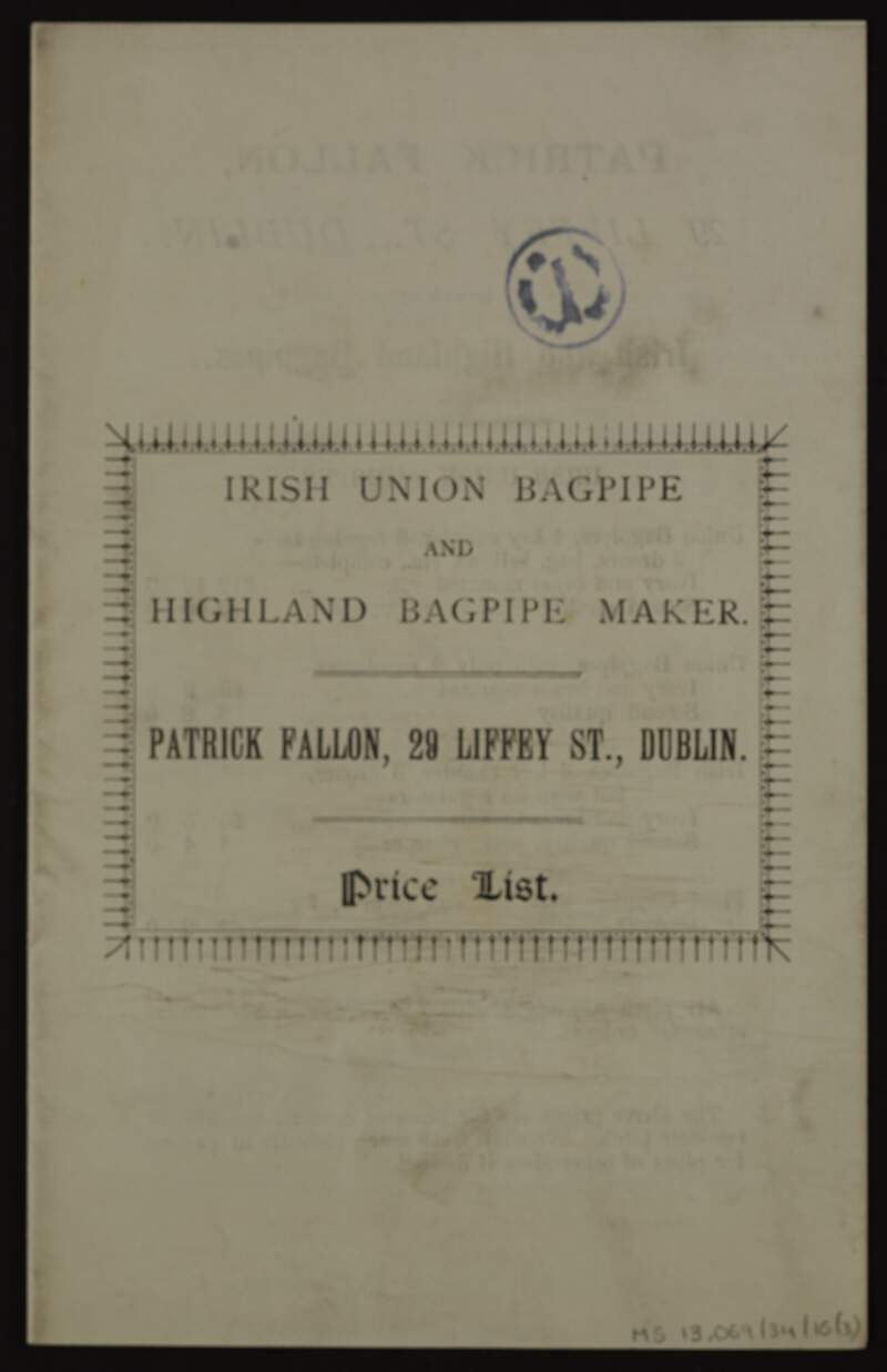 Brochure of Patrick Fallon, Irish union bagpipes and Highland bagpipe maker,