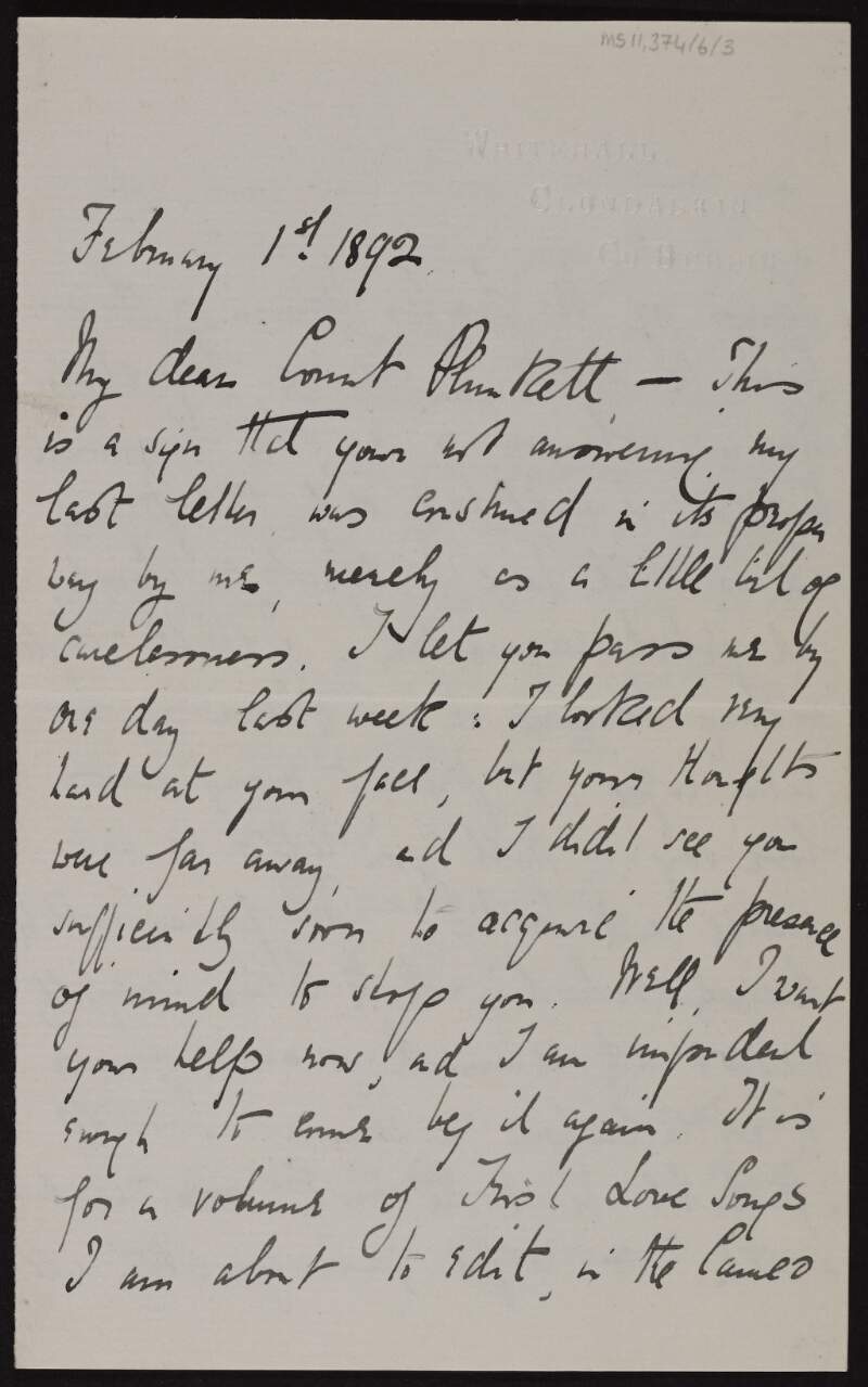 Letter from Katharine Tynan to George Noble Plunkett, Count Plunkett, asking for his help with a volume of 'Irish Love Songs' she is about to edit, with a separate list of poems and poets by Plunkett,