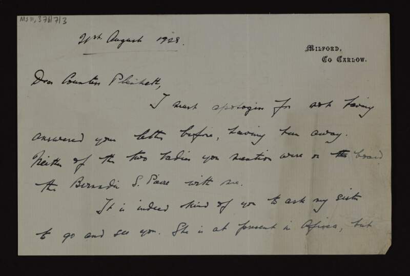Letter from George Alexander to Mary Josephine Plunkett, Countess Plunkett, apologising for delay in replying,