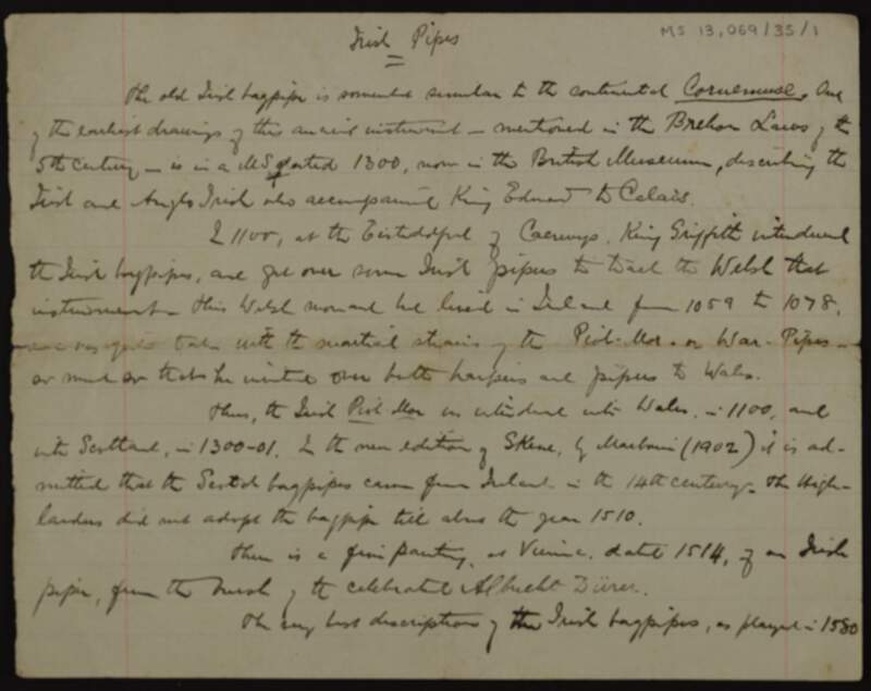 Manuscript notes on Irish pipes,