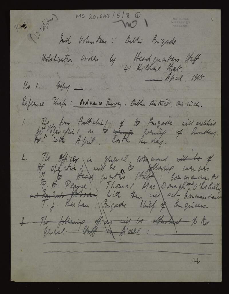 Large draft copy of mobilisation order by headquarters staff to Dublin Brigade of Irish Volunteers for Easter Sunday of 1915,