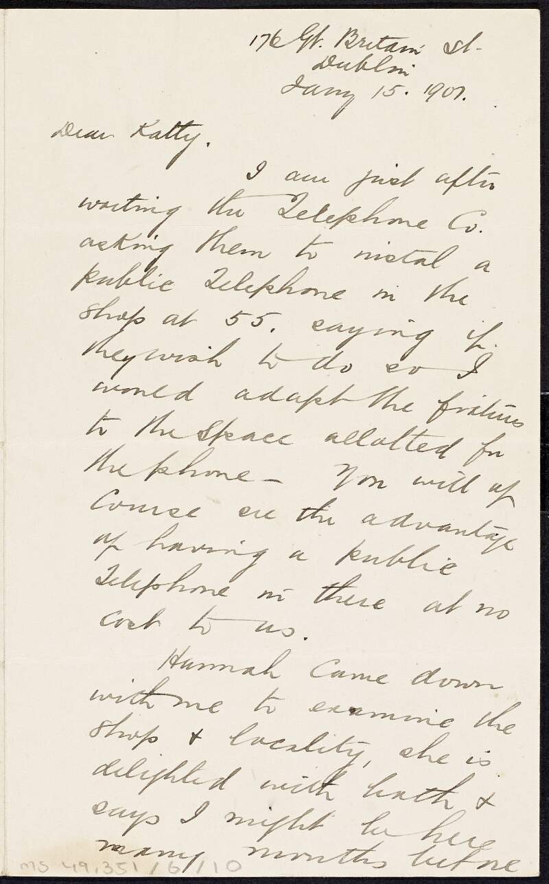 Letter from Tom Clarke to Kathleen Clarke regarding his sister's impression of his shop,