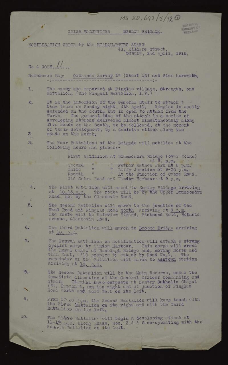 Copy 11 of mobilisation order by headquarters staff to Dublin Brigade of Irish Volunteers for Easter Sunday 1915,